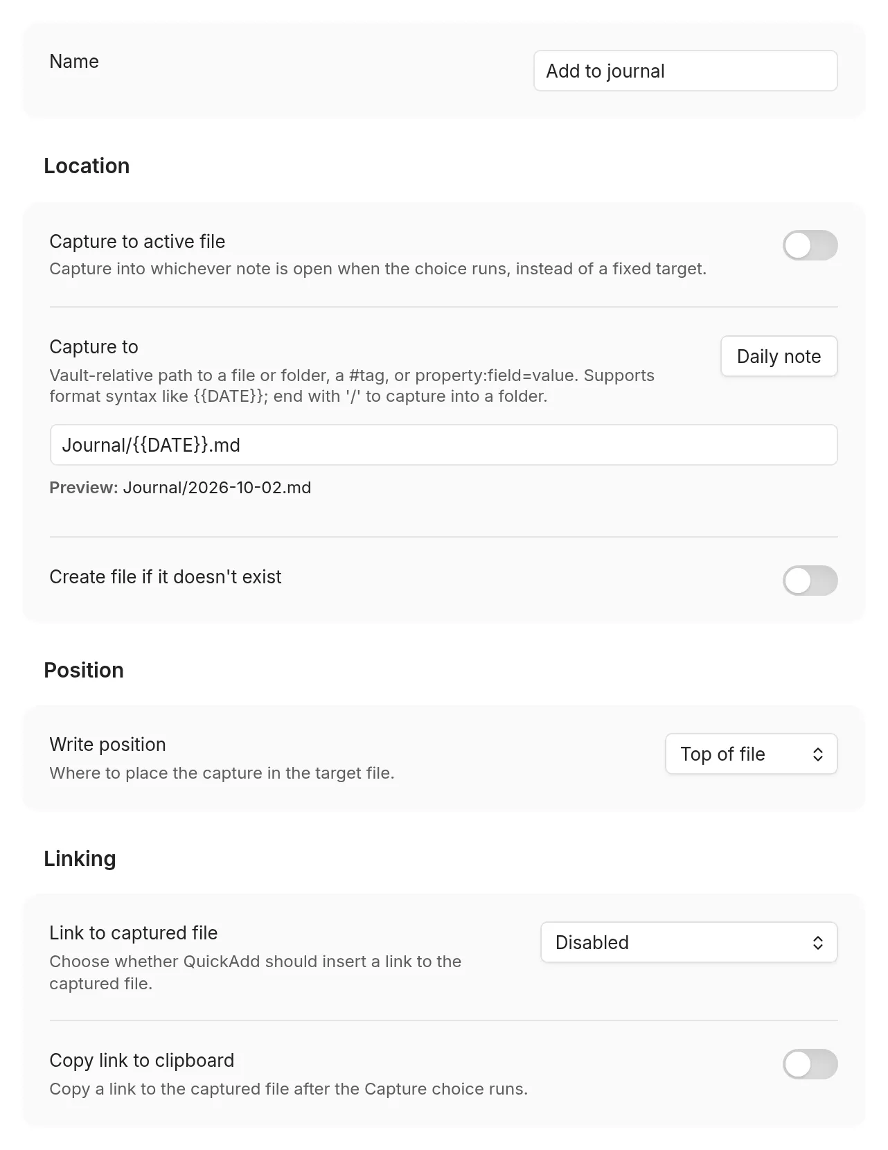 The QuickAdd Capture builder page, showing the Name field and the Location, Position, and Linking sections