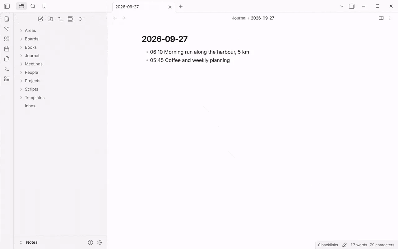 Running QuickAdd: Run from the command palette, picking Add to journal, typing “Standup moved to Wednesday”, and the timestamped line appearing at the top of today’s journal note